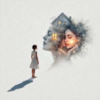 The primary subject of the image is a woman standing in front of a house. The setting is a white background, and the visual style appears to be a digital art or illustration. The colors in the image are predominantly white, which gives it a clean and minimalist appearance. The overall mood of the image is calm and serene, as the woman is depicted in a peaceful and contemplative manner.